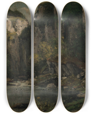 Triptych art skateboard deck of Gustave Courbet River And Rocks by Gustave Courbet (1819-1877)
