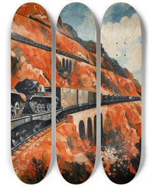 Triptych art skateboard deck of Roland Davies Mountain Railway Transporting Tanks by Roland Davies (1904-1993)