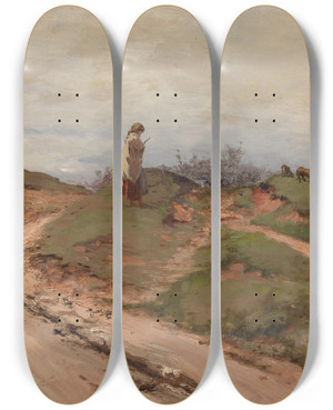 Triptych art skateboard deck of Bela Spanyi Kleine Hirtin by Bela Spanyi (1852-1914)