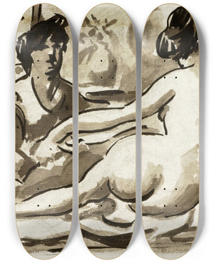 Triptych art skateboard deck of Carl Newman Reclining Female Nude With Attendant by Carl Newman (1858-1932)