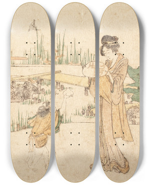 Triptych art skateboard deck of Katsushika Hokusai Woman And Child In A Garden Fragment Of Goldfish Vendor by Katsushika Hokusai (1760-1849)