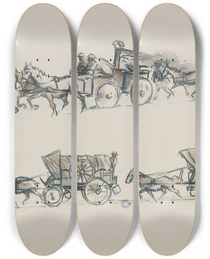 Triptych art skateboard deck of Georges Goursat Sem Attelages Dont Une Cuisine Roulante by Georges Goursat (Sem) (1863-1934)