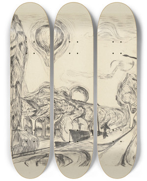 Triptych art skateboard deck of Max Beckmann Landscape With Balloon by Max Beckmann (1884-1950)