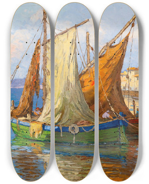 Triptych art skateboard deck of Georgy Alexandrovich Lapchine Le Retour Des Pcheurs by Georgy Alexandrovich Lapchine (1885-1950)