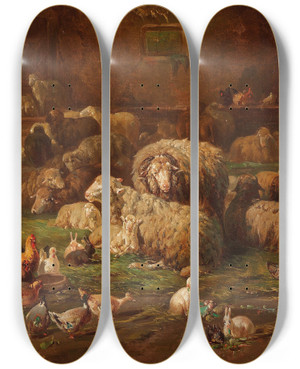 Triptych art skateboard deck of Louis Reinhardt Stallinterieur by Louis Reinhardt (1849-1870)