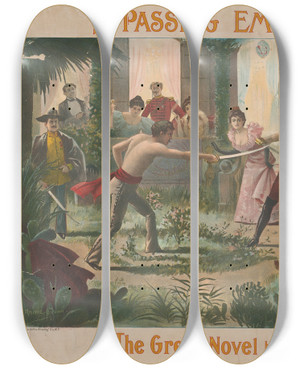 Triptych art skateboard deck of Archie Gunn A Passing Emperor by Archie Gunn (1863-1930)