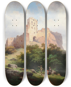 Triptych art skateboard deck of Josef Holzer Ruine Paulenstein Bei Stampfen In Ungarn by Joseph Holzer