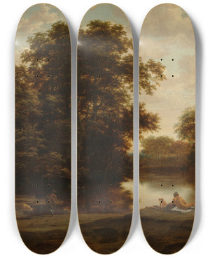 Triptych art skateboard deck of Joris Van Der Haagen Landscape With Bathers by Joris van der Haagen (1615-1669)