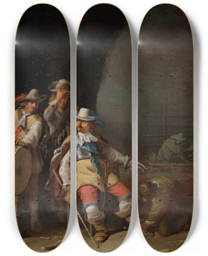 Triptych art skateboard deck of Anthonie Palamedesz A Guardroom Interior_2 by Anthonie Palamedesz (1601-1673)