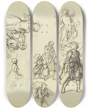Triptych art skateboard deck of Jakob Becker Study Sheet Children by Jakob Becker (1810-1872)
