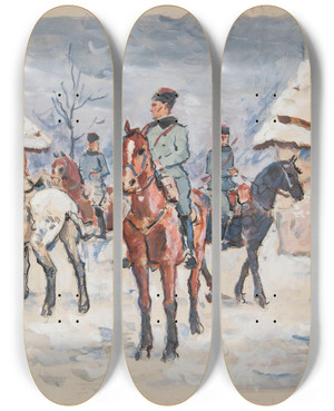 Triptych art skateboard deck of Ivan Ivanec Onierze Na Koniach W Zanieonej Wiosce by Ivan Ivanec (1893-1946)