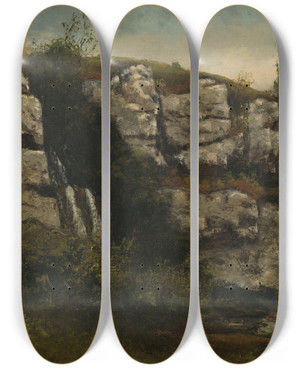Triptych art skateboard deck of Gustave Courbet Landscape With Rocky Cliffs And A Waterfall by Gustave Courbet (1819-1877)