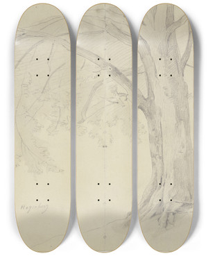 Triptych art skateboard deck of Jakob Becker Tree In Hagenburg by Jakob Becker (1810-1872)
