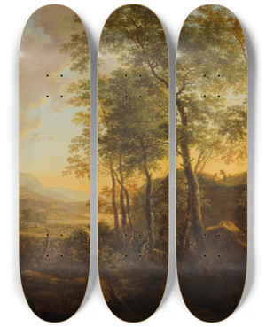 Triptych art skateboard deck of Jan Both Wooded Hillside With A Vista by Jan Both (1618-1652)