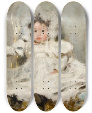 Triptych art skateboard deck of Carlos Bacaflor Portrait Of A Girl In White by Carlos Baca-Flor (1869-1941)