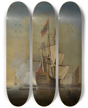 Triptych art skateboard deck of Peter Monamy Harbor Scene An English Ship With Sails Loosened Firing A Gun by Peter Monamy (1681-1749)