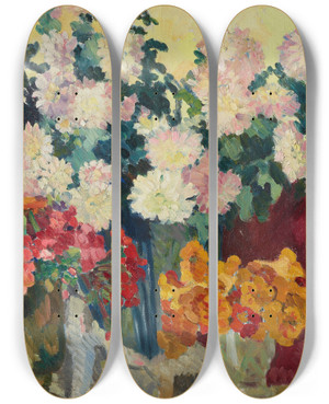 Triptych art skateboard deck of Louis Valtat Trois Vases De Fleurs Assiette De Pommes by Louis Valtat (1869-1952)