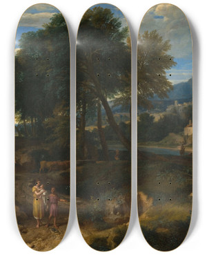 Triptych art skateboard deck of Jeanfranois Millet Pastorale Avec Un Jeune Ptre Et Une Femme Avec Un Enfant Dans Les Bras by Jean-Franois Millet (1814-1875)