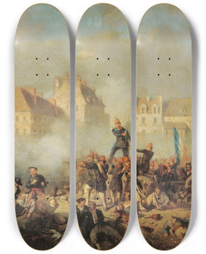 Triptych art skateboard deck of Tony De Bergue Pisode De La Rvolution De 1848 Officier Commandant Le Feu Aux Hommes by Tony de Bergue (1820-1890)