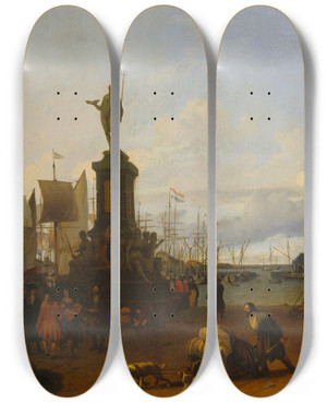 Triptych art skateboard deck of Ludolf Bakhuysen View Of The Amsterdam Harbour At The Ij River by Ludolf Backhuysen (1630-1708)