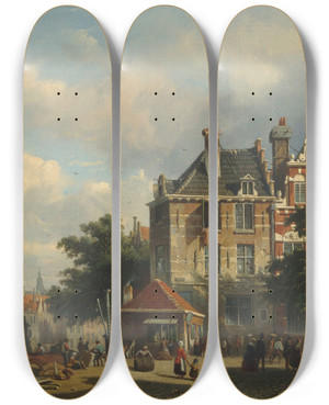 Triptych art skateboard deck of Adrianus Eversen A Dutch Street Scene by Adrianus Eversen (1818-1897)