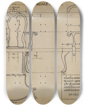 Triptych art skateboard deck of Alfred Nason Arm Chair by Alfred Nason