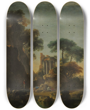 Triptych art skateboard deck of Salvator Rosa Ruins In A Rocky Landscape by Salvator Rosa (1615-1673)