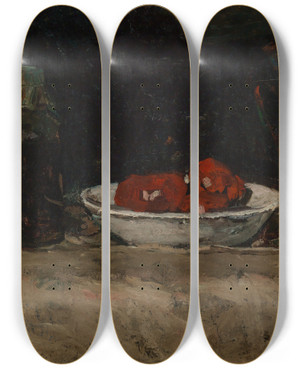 Triptych art skateboard deck of Susanne Bisschop Stilleben Mit Glasflasche Und Tomaten by Susanne Bisschop
