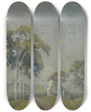 Triptych art skateboard deck of Emil Carlsen Landscape With Trees by Emil Carlsen (1848-1932)