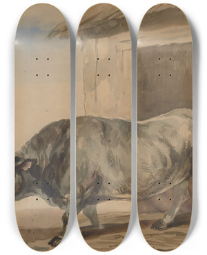 Triptych art skateboard deck of Piotr Michaowski Grey Ox And A Peasant From Bolestraszyce by Piotr Michalowski (1800-1855)