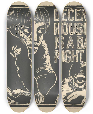 Triptych art skateboard deck of Rachael Romero Decent Housing Is A Basic Right by Rachael Romero (1953)