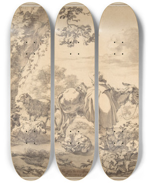 Triptych art skateboard deck of Jacob Van Der Does A Herdsman With A Donkey by Jacob van der Does (1623-1673)