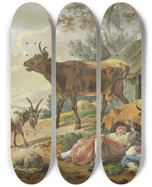 Triptych art skateboard deck of Marquard Wocher Rechts Ein Stall Aus Welchem Zwei Khe Kommen Davor Zwei Schlafende Hirten Mit Ihrem Hund Und Einer Ziege by Marquard Wocher (1760-1830)