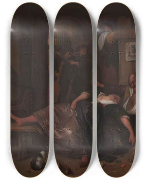 Triptych art skateboard deck of Jan Steen The Drunken Couple by Jan Steen (1626-1679)