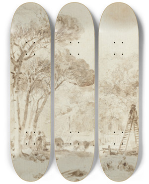 Triptych art skateboard deck of Jeanhonor Fragonard Gardens Of An Italian Villa Villa Medici by Jean-Honor Fragonard (1732-1806)