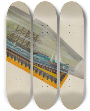 Triptych art skateboard deck of Charles R Shane Ship In A Bottle by Charles R Shane