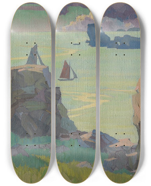 Triptych art skateboard deck of Rhona Haszard Finistre by Rhona Haszard (1901-1931)