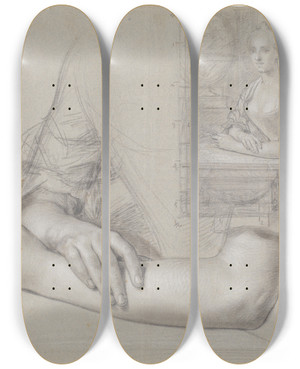 Triptych art skateboard deck of Peder Als Udkast Til Dame Portrt Samt Studie Af Hnder Og Arme Til Samme Portrt by Peder Als (1725-1775)