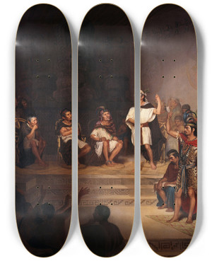 Triptych art skateboard deck of Rodrigo Gutirrez The Tlaxcalan Senate by Rodrigo Gutierrez (1948-1903)