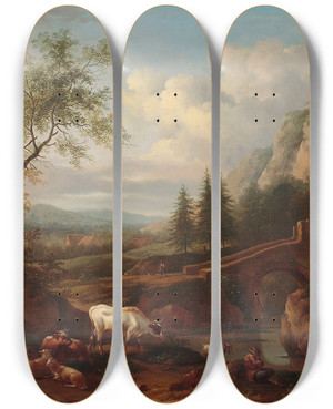 Triptych art skateboard deck of Joseph Roos Mountain Landscape With A Bridge by Joseph Roos (1726-1805)