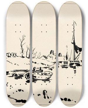 Triptych art skateboard deck of Johannes Frederik Engelbert Ten Klooster De Haven En De Grote Kerk Te Veere by Johannes Frederik Engelbert Ten Klooster (1873-1940)
