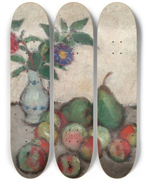 Triptych art skateboard deck of Georges Despagnat Still Life With Flowers In A Blue And White Vase With Apples And Pears On A Table by Georges d'Espagnat (1870-1950)