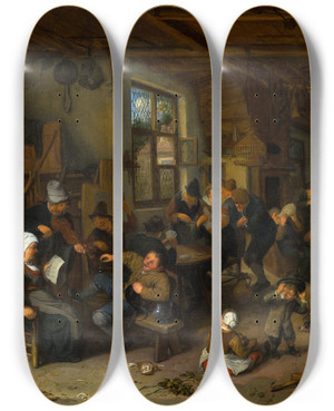 Triptych art skateboard deck of Adriaen Van Ostade Peasant Inn by Adriaen Van Ostade (1610-1684)