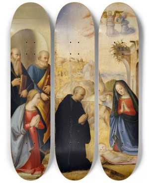Triptych art skateboard deck of Ridolfo Ghirlandaio The Nativity With Saints by Ridolfo Ghirlandaio (1483-1561)