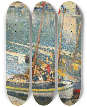 Triptych art skateboard deck of Henri Martin Barques Collioure Le 14 Juillet by Henri Martin (1860-1943)