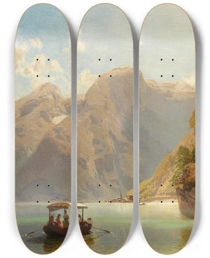 Triptych art skateboard deck of Anton Hlavacek Salzkammergut A Boat Trip On Lake Hallstttersee Hallstatt In The Background by Anton Hlavacek (1842-1926)