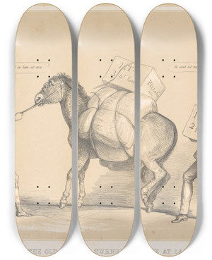 Triptych art skateboard deck of John Doyle The Old Donkey Turned Restive At Last by John Doyle (1939)