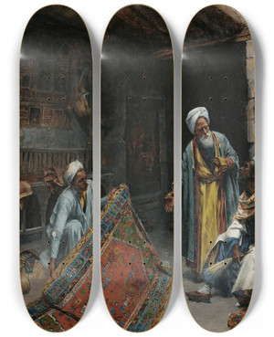 Triptych art skateboard deck of Alphons Leopold Mielich The Carpet Merchant by Alphons Leopold Mielich (1863-1929)