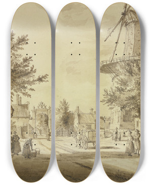 Triptych art skateboard deck of Paulus Constantijn La Fargue Straenansicht Bei Einem Stadttor Rechts Eine Windmhle by Paulus Constantijn La Fargue (1729-1782)