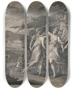 Triptych art skateboard deck of James Barry A Grecian Harvest Home Designs For The Walls Of The Great Room Of The Society For The Encouragement Of The Arts by James Barry (1741-1806)
